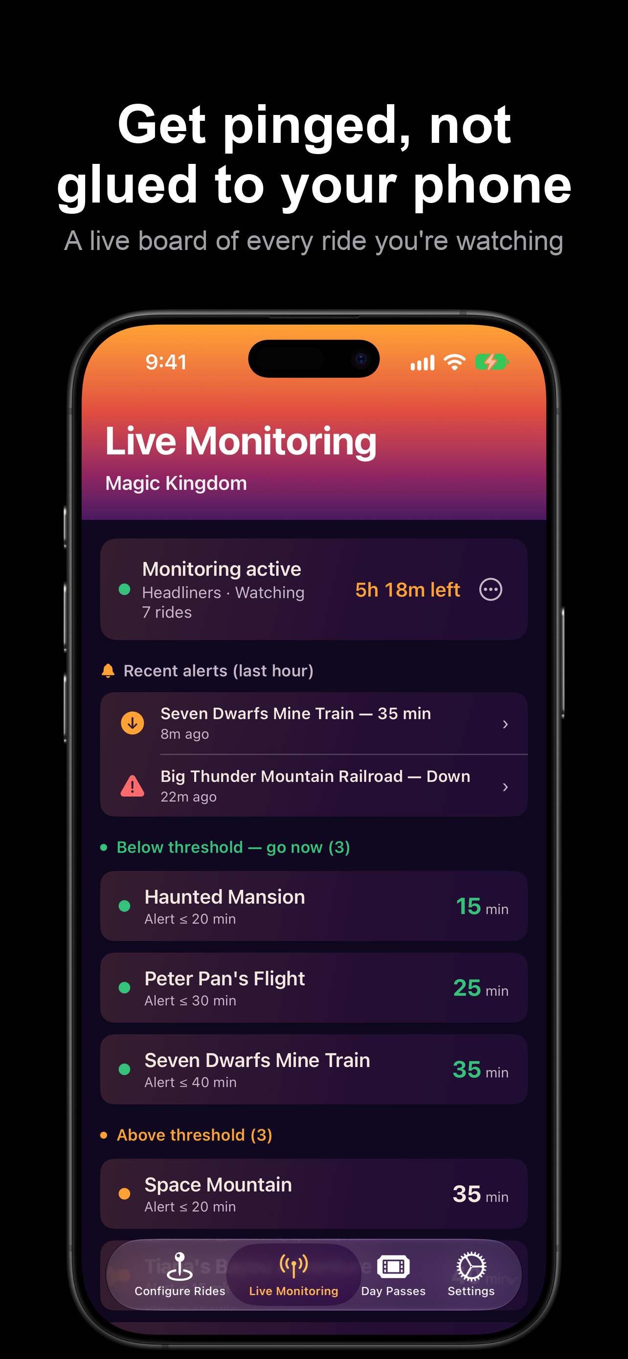 Live Monitoring board — every ride you're watching, grouped by whether it's below your threshold