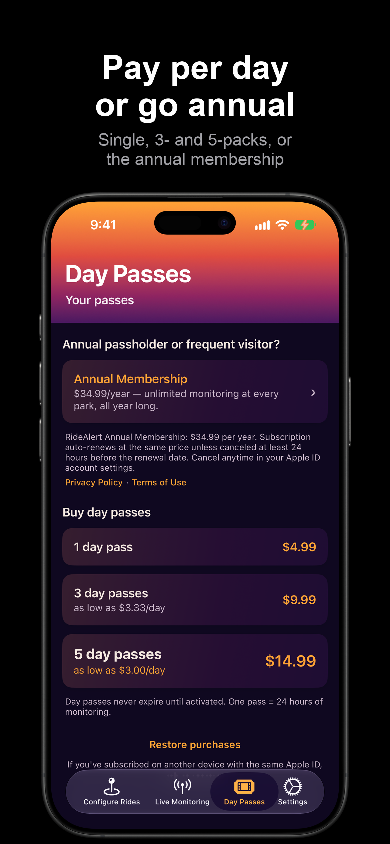 Day passes or the annual membership — single, 3- and 5-packs